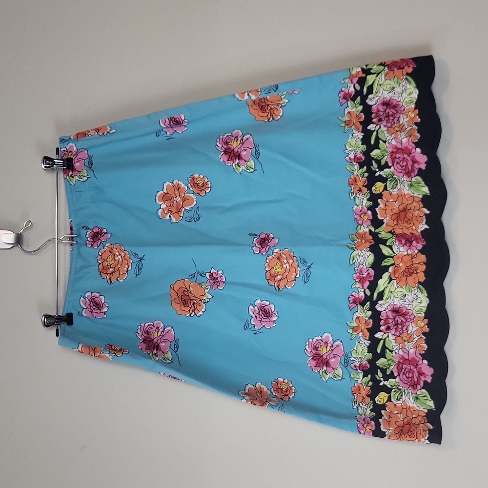 Vtg HAROLD'S Blue Orange Pink Black Floral Scallop Hem A-Line Midi Skirt